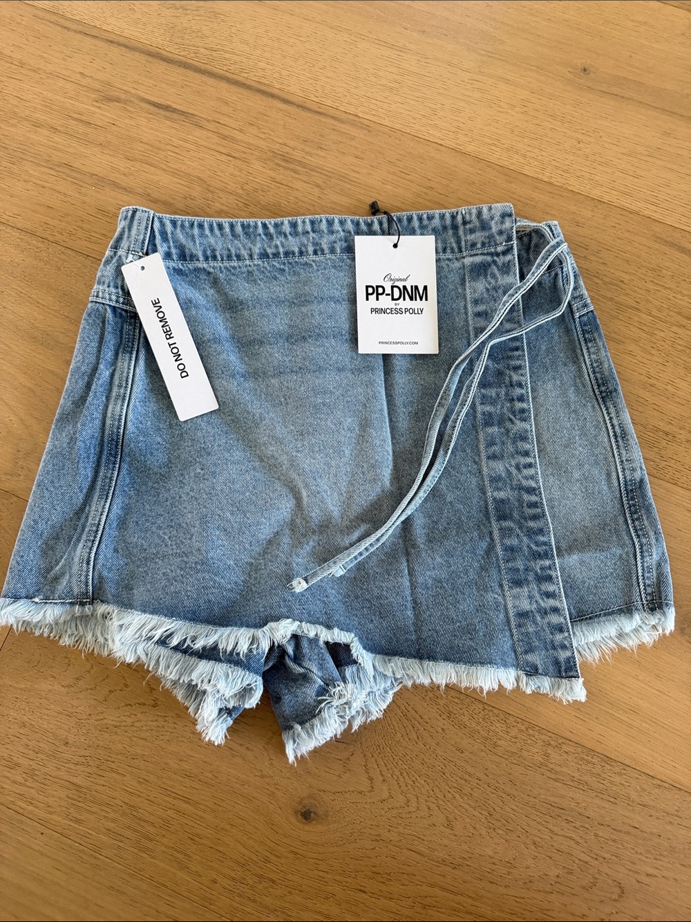 Princess Polly Light Blue Wrap Denim Skort with Frayed Hem